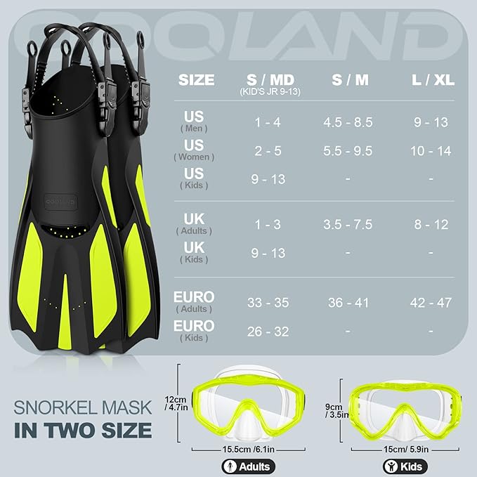 Odoland Kids Snorkeling Packages Snorkel Set, Dry Top Snorkel Mask with Adjustable Swim Fins for Boys and Girls Age 7-14-StrideForce Fitness
