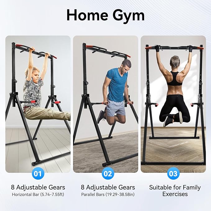 Foldable Power Tower Pull Up Bar Dip Station, 200kg/440.92lbs Triangular Pull Up Bar Station Adjustable, Multi-Function Strength Training Fitness Equipment for Home Gym-StrideForce Fitness