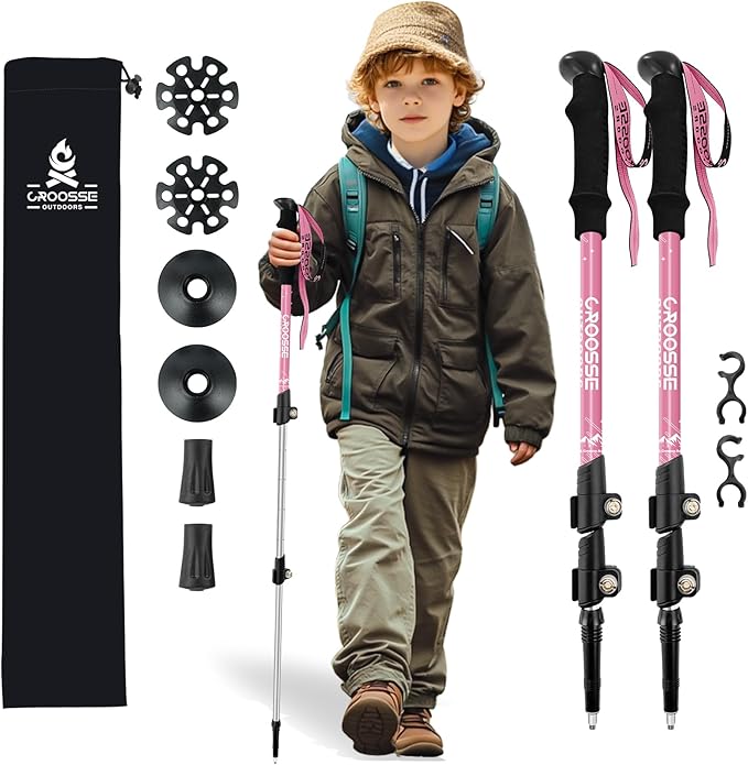 Lightweight Collapsible Kids Hiking Poles - Retractable Kids Hiking Stick, Telescoping Aluminum Trekking Poles 2 Pack, Adjustable Kids Ski Poles by Croosse-StrideForce Fitness