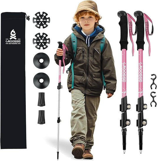 Lightweight Collapsible Kids Hiking Poles - Retractable Kids Hiking Stick, Telescoping Aluminum Trekking Poles 2 Pack, Adjustable Kids Ski Poles by Croosse-StrideForce Fitness