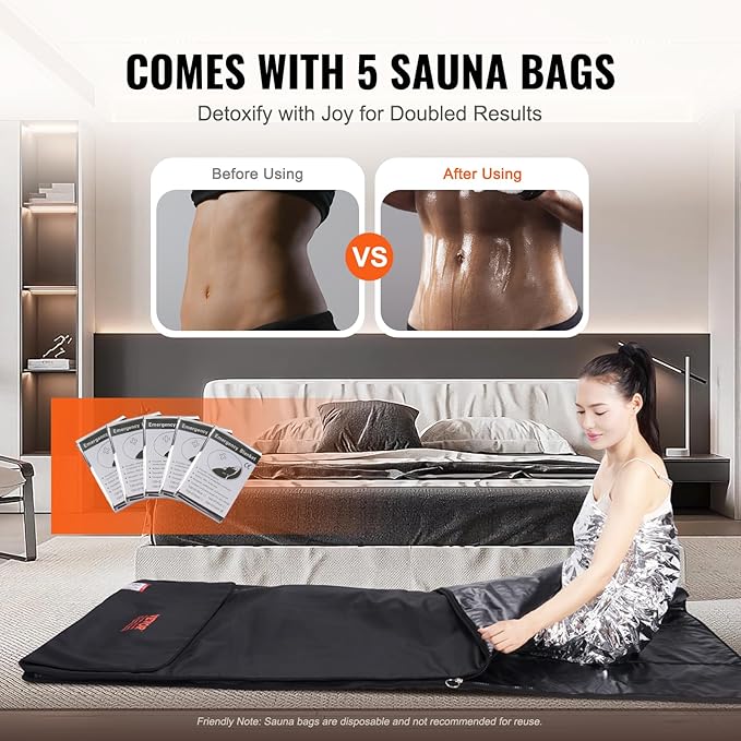 VEVOR Sauna Blanket for Detoxification, Portable Far Infrared Sauna for Home, PU Sauna Bag w/Therapy Stones & Carbon Fiber Heating, 1-6 Level Adjustable Temp 95-185℉, 1-60 Minutes Timer, 75 x 35in-StrideForce Fitness