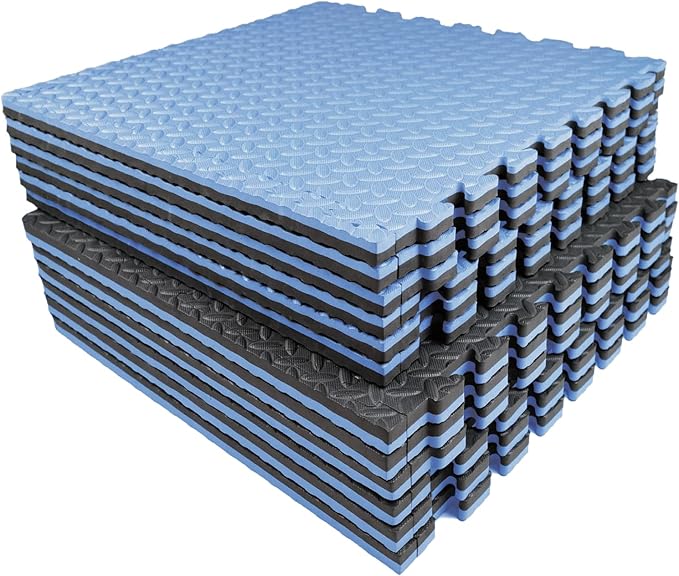 AIRHOP Upgraded 0.79" Extra Thick 48 Sq Ft High-Density Eva Foam Exercise Gym Mats, 12 Pcs Large Interlocking Puzzle Floor Tiles (24"x24") for Home Gym, Black&Blue-StrideForce Fitness