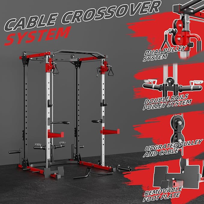 Smith Machine, Power Rack with LAT Pulldown System, Power Cage with Cable System, Squat Rack for Home Gym with Chest Press Machine, Spotter Arms, Leg Curl Attachment and More-StrideForce Fitness