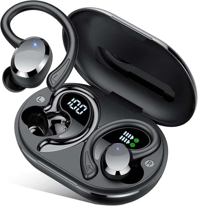 Wireless Earbuds, 2025 New Bluetooth 5.4 Headphones Sport Earphones with 68Hrs Playtime LED Display ENC Noise Cancelling Mic, IPX7 Waterproof Over Ear Ear Buds with Hook for Sports/Running-StrideForce Fitness