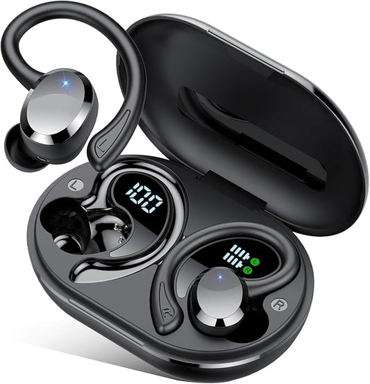 Wireless Earbuds, 2025 New Bluetooth 5.4 Headphones Sport Earphones with 68Hrs Playtime LED Display ENC Noise Cancelling Mic, IPX7 Waterproof Over Ear Ear Buds with Hook for Sports/Running-StrideForce Fitness