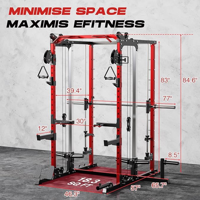 Smith Machine Home Gym, Multi-Function Power Cage with Dual Pulley Cable Crossover System, All-in-One Squat Rack with Smith Bar and Strength Training Attachments for Full-Body Workouts-StrideForce Fitness