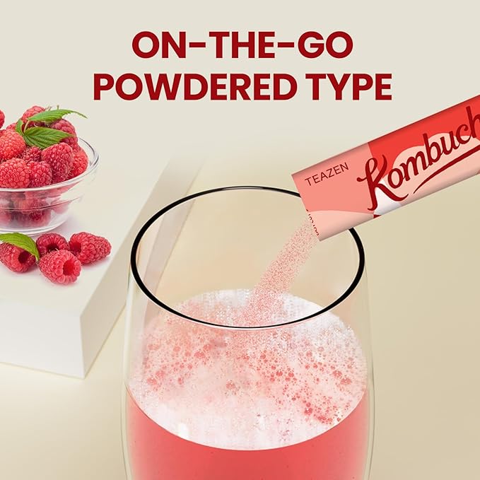 TEAZEN Raspberry Kombucha Tea, Hydration Drink Mix, Sugar Free, Live Probiotics & Prebiotics, 30 Sticks, 5.29oz-StrideForce Fitness