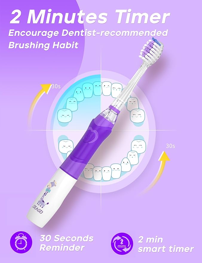SEAGO Kids Electric Toothbrush with 2 Mins Brushing Timer and 4 Replacement Bursh Heads,Rainbow LED Light Make Brushing Fun, Purple Color Girls Battery Powerd Toothbrush for 4-12 Years Old，SG-977
