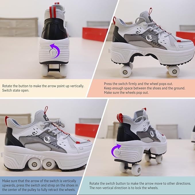 Roller Skate Shoes for Women Four Rounds Children's Roller Skates Shoes That Turn into Rollerskates Sneakers Outdoor Light Shoes with Wheels for Girls/Boys-StrideForce Fitness