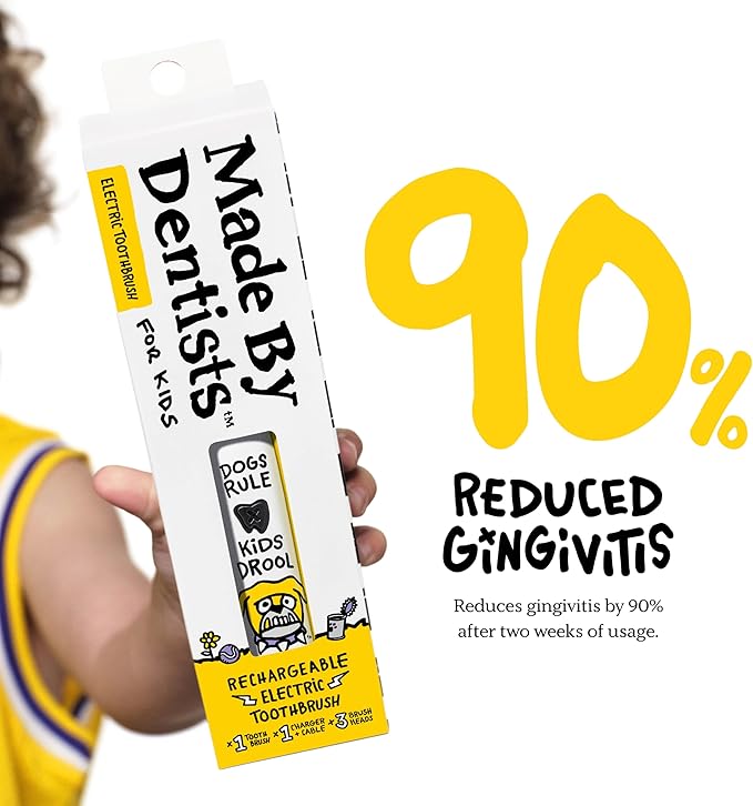 Made by Dentists Kids Electric Toothbrush - Rechargeable Vibrating Toothbrush with Timer Includes 6 Replacement Heads, Gently Cleans Teeth, Girls & Boys, Kids & Toddlers Age 2+ (Bulldog)