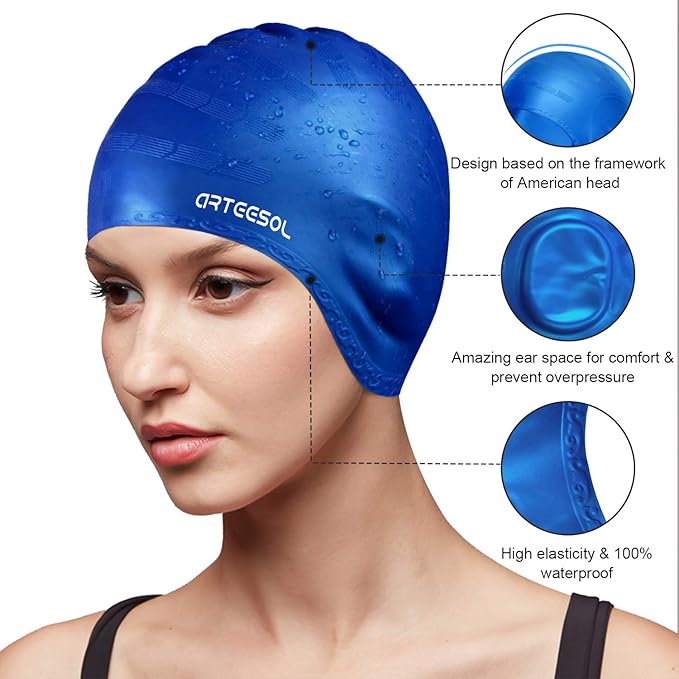 Swimming Cap, Silicone Swim Cap for Women Men, Durable Non-Slip Waterproof Swim Cap Protect Ears, Long Hair for Adults, Older Kids-StrideForce Fitness