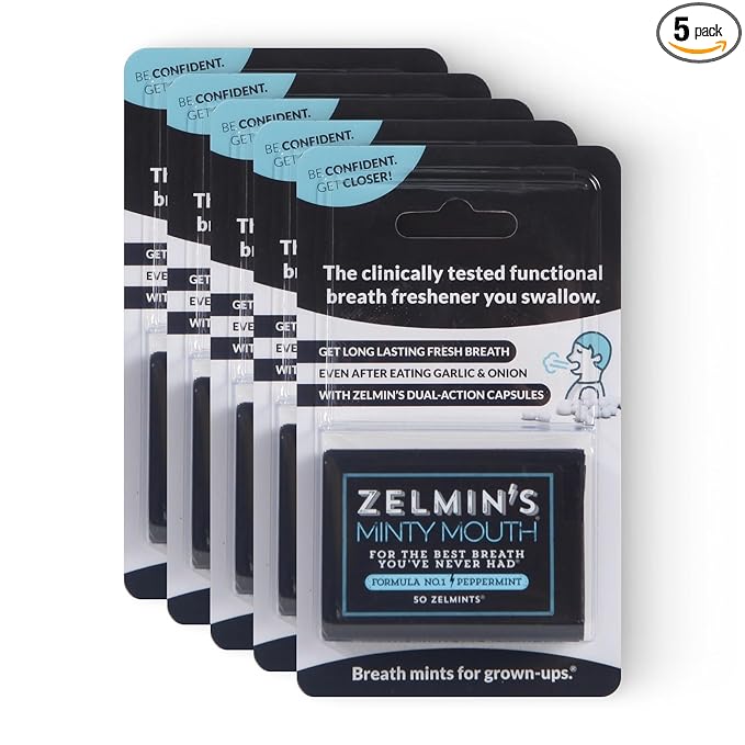 Zelmin's Minty Mouth Breath Freshener - (5 Pack) Long Lasting Bad Breath Treatment for Adults, Instant Freshness Helps with Dry Mouth, Natural Breath Mints for Travel, Alcohol-Free, Keto, Gluten-Free
