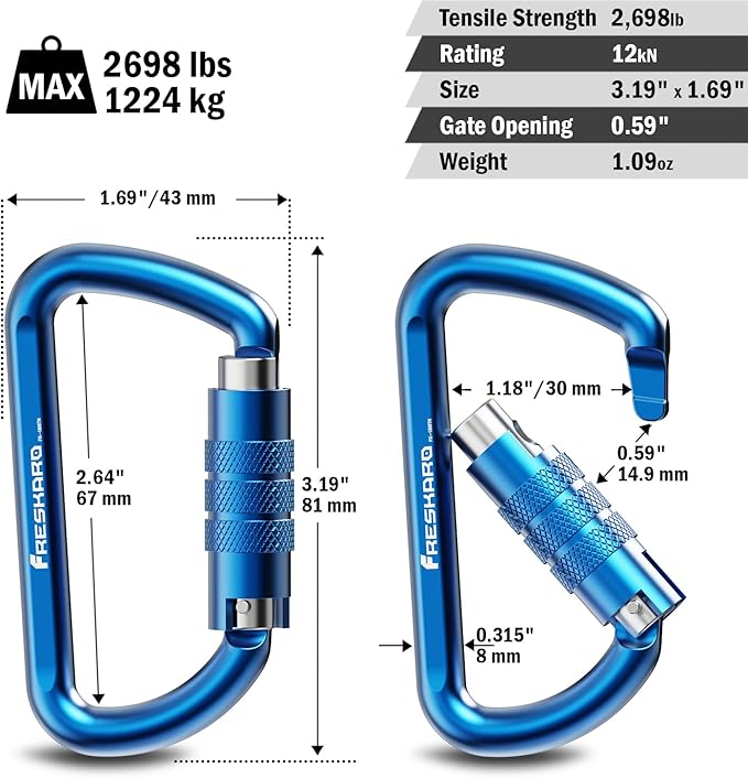 FresKaro 3inch 12kN-2698lbs Auto Locking Carabiner Clips, Solid D Shape, Heavy Duty 7075 Aluminum, Lightweight 1.09oz, Rust Proof, for Hammock, Hiking, Dog Leash, Keychain etc., Multi-Colors-StrideForce Fitness