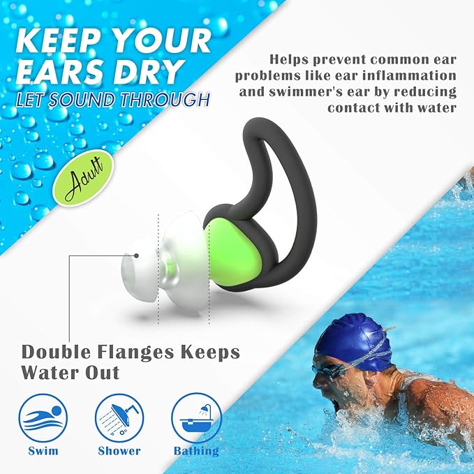 Hearprotek [2 Pairs] Ear Plugs for Swimming,Swim Ear Plugs Adults-Waterproof Silicone Water earplugs for Men Women Juniors Swimmers Pool Shower Bathing (Green)-StrideForce Fitness