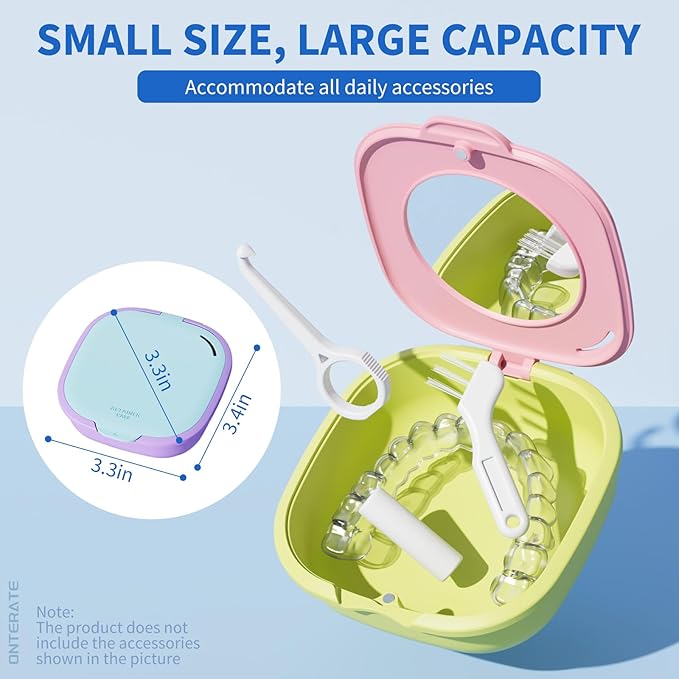Magnetic Retainer Box with Mirror, Compact Denture Case with Vent Holes & Retainer Remover Tool & Chewies & Brush, Protable Aligner Cleaner Case for Night Mouth Guards, Braces (Blue Purple)