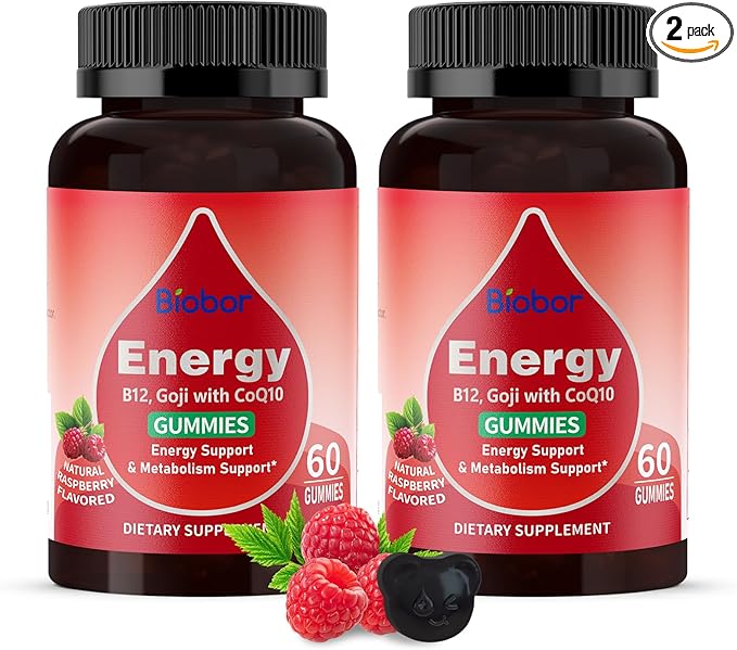 Natural Energy Gummies with Vitamin B12, Goji, CoQ10, Energy Support & Metabolism Support Chewable Supplement,GMO Free, Gluten Free(Raspberry, 120 Count)-StrideForce Fitness