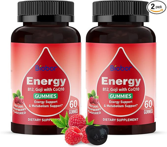 Natural Energy Gummies with Vitamin B12, Goji, CoQ10, Energy Support & Metabolism Support Chewable Supplement,GMO Free, Gluten Free(Raspberry, 120 Count)-StrideForce Fitness