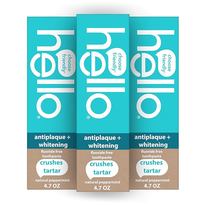 hello Antiplaque and Whitening Fluoride Free Toothpaste, Whitening Toothpaste with Coconut Oil and Tea Tree Oil, Helps Whiten Teeth, Natural Peppermint, 3 Pack, 4.7 Oz Tubes