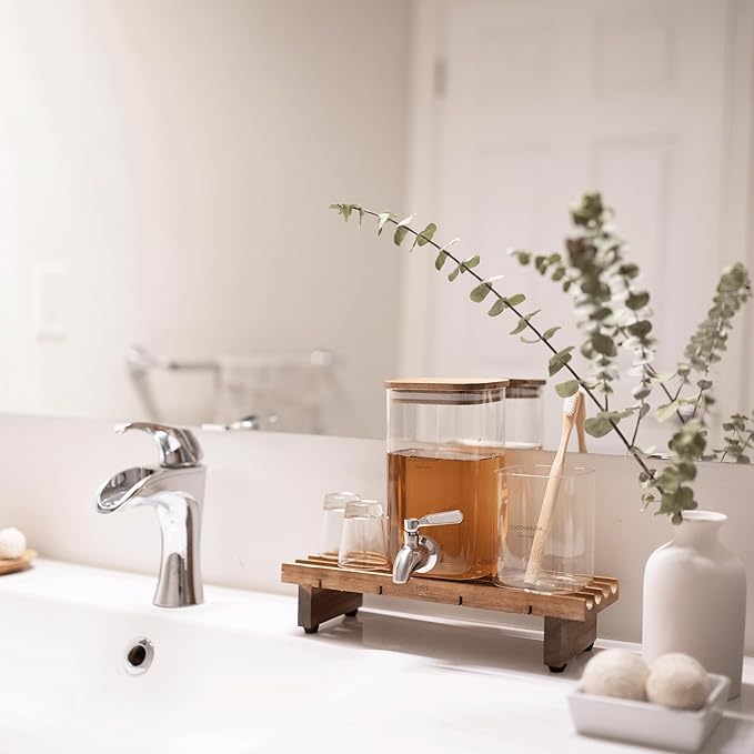 Glass Mouthwash Dispenser for Bathroom Decor with Bathroom Cups, Glass Electric Toothbrush Holder and Wooden Tray – Minimalist Bathroom Accessories for Home Decor - ZUTT