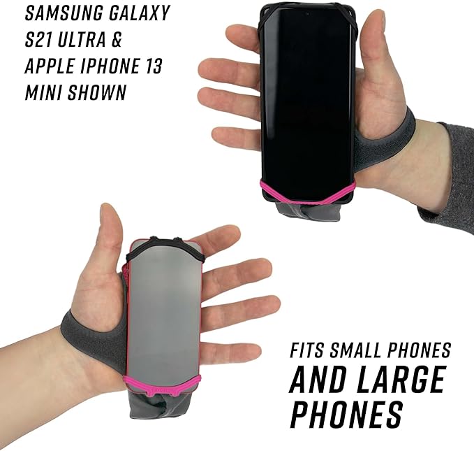 Noxgear Hand Held Phone Holder - Handheld Grip Phone Holder with Key Fob & Card Slot for Running, Jogging & Working Out - Compatible with All Phones - Machine Washable (Raspberry, Right Hand)