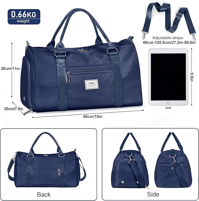 FIORETTO Womens Gym Tote Duffle Bag with Wet Pocket & Shoe Compartment, Sports Duffel Overnight Weekender Hospital Workout Carry on Bag for Girls, Ideal for Travel, Swimming, Dance, Ballet Navy Blue-StrideForce Fitness