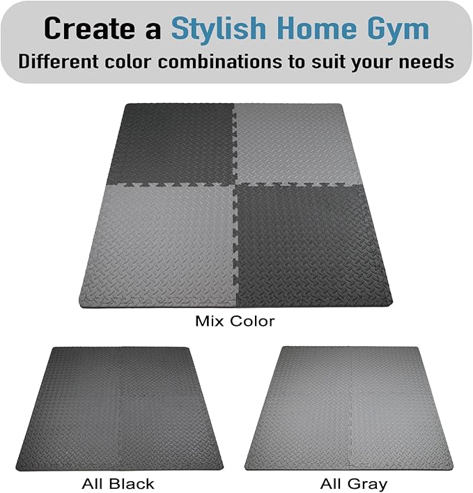 AIRHOP Upgraded 0.79" Extra Thick 48 Sq Ft High-Density Eva Foam Exercise Gym Mats, 12 Pcs Large Interlocking Puzzle Floor Tiles (24"x24") for Home Gym, Black&Gray-StrideForce Fitness