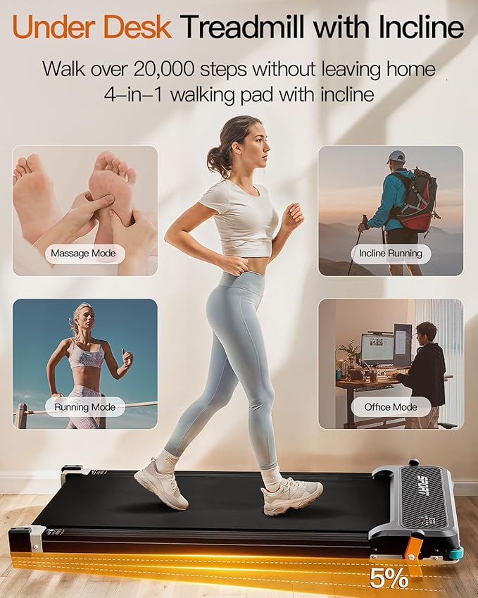 FUNRAY Versatile Walking Pad Treadmill with Incline - Dual-Sided Under Desk Treadmill with Foot Massage,2 in 1 Walking Machine for Home/Office with 330LBS Weight Capacity-StrideForce Fitness