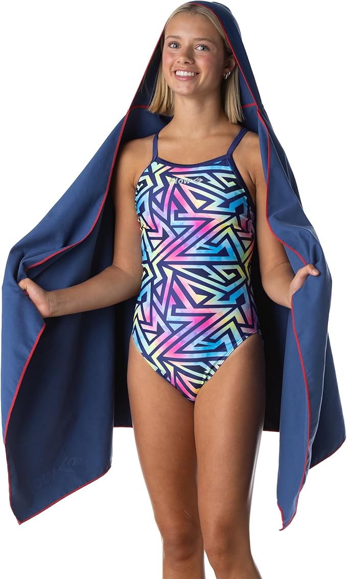 Flow Hydro Sport Towel - Microfiber Quick Dry Swimming Towels for Swim, Pool, Triathlon, and Other Water Sports in Medium, Large, Extra Large, and Hooded Sizes (Navy, Large w/Hood)-StrideForce Fitness