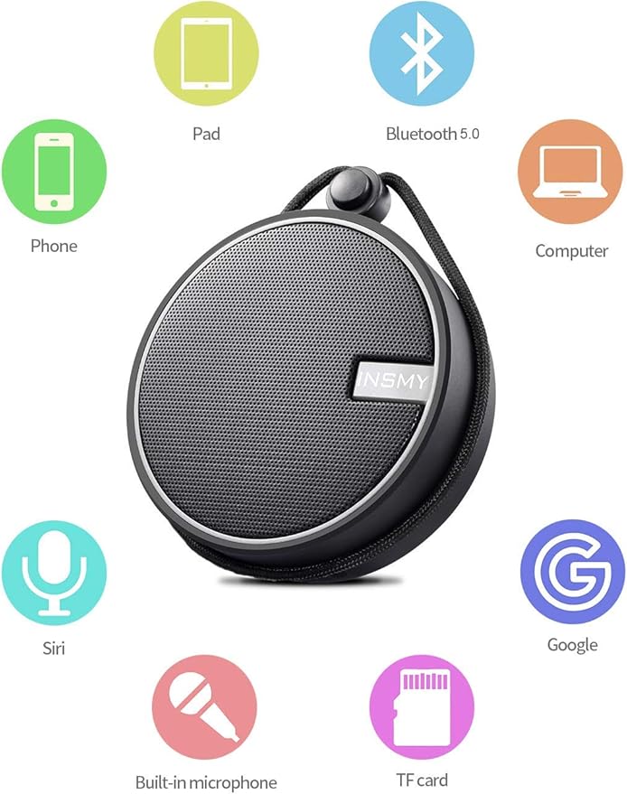 INSMY C12 IPX7 Waterproof Shower Bluetooth Speaker, Portable Small Speaker, Speakers Bluetooth Wireless Loud Clear Sound Support TF Card Suction Cup for Kayak Canoe Beach Gift (Black)-StrideForce Fitness