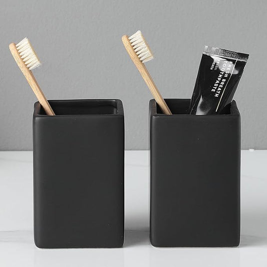 Black Square Toothbrush Holders for Bathrooms - 2 Cups Ceramic Square Toothbrush Toothpaste Holders Set, Bathroom Tumbler Cups Reusable Toothbrush Mouthwash Cup, Bathroom Counter Organizer.