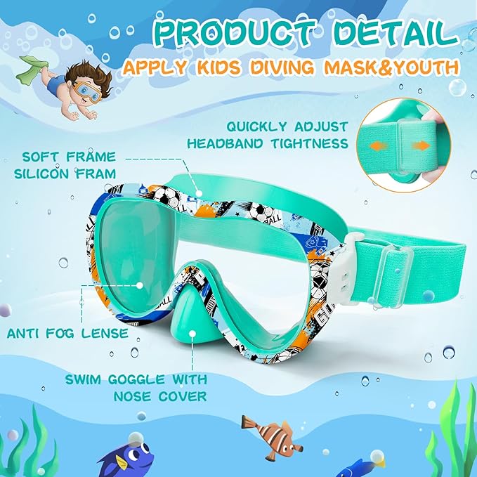 Kids Swim Goggles with Nose Cover, 180° Panoramic Snorkel Mask with Anti-Fog & Anti-Leak Design, Comfort Fabric Strap UV Protection Lens for Boys Girls Ages 3-15-StrideForce Fitness