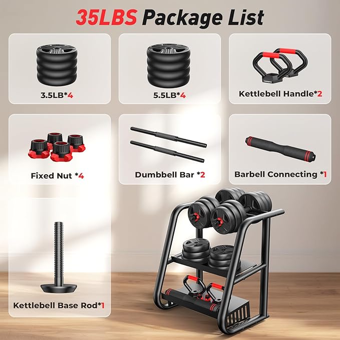 Adjustable dumbbell set,20/35/45/55/70/90lbs Free Weights set with upgraded nut, 4 in 1 Weight Set Used as Kettlebells, Barbell, Push up Stand, Fitness Exercise for Home Gym Suitable Men/Women-StrideForce Fitness