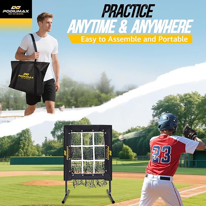 PodiuMax Baseball Pitching Net, 9 Hole Pitching Net with Strike Zone, 5 Adjustable Heights Baseball Throwing Net for All Ages, Heavey Duty Solo Trainer with Carry Bag for Backyard Practice-StrideForce Fitness