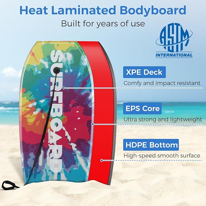Goplus 41''/37''/33'' Lightweight Body Board for Beach, Surf Board with EPS Core, XPE Deck, HDPE Slick Bottom, Wrist Leash, Bodyboard for Kids Adults Surfing-StrideForce Fitness
