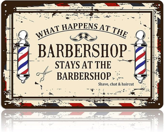 Barber Shop Decor Accessories - Vintage Barbershop Metal Tin Signs Haircut Wall Art Posters Gifts for Men Decorations - What Happens At The Barbershop Stays At The Barbershop Sign 8x12 Inch-StrideForce Fitness