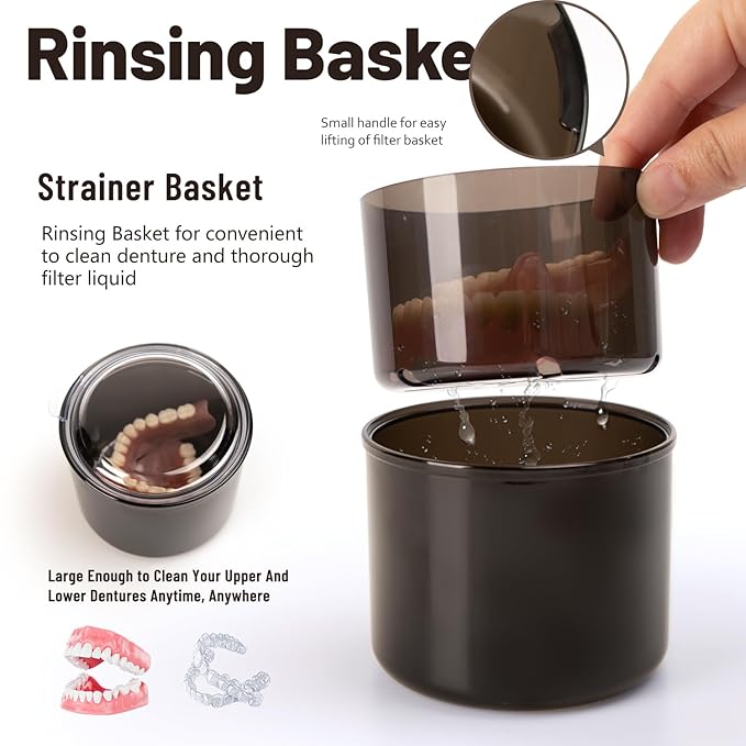 Denture Case, Leak Proof Denture Bath Cup, Full & Partial Denture Clean Holder Box with Strainer, Denture Brush, Denture Soaking Container Cups for Dentures, Retainers, Mouth Guard Storage Case -Black