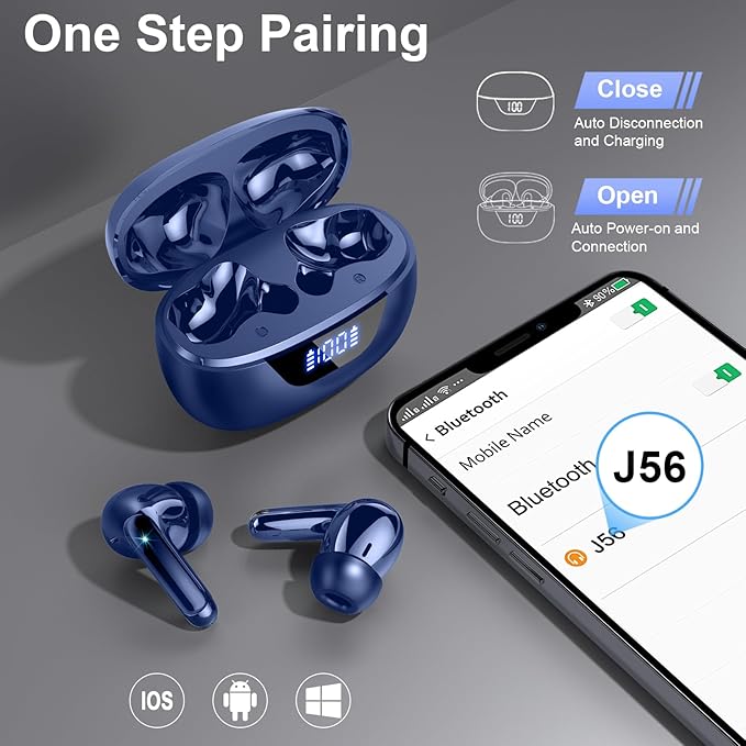 Wireless Earbuds, Bluetooth 5.4 Headphones, ENC Noise Cancelling Mic Ear buds with Stereo Bass, 48H Playtime Earphones , LED Display, IP7 Waterproof In Ear EarBuds for Phone Android iOS Sports, Blue-StrideForce Fitness