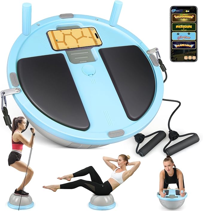 2-in-1 Balance Ball & Plank Board Trainer with App & 4 Interactive Games, Half Exercise Ball for Pilates & Yoga, Core Strength Training, Home Gym Workout, with 2 Resistance Bands & Pump-StrideForce Fitness