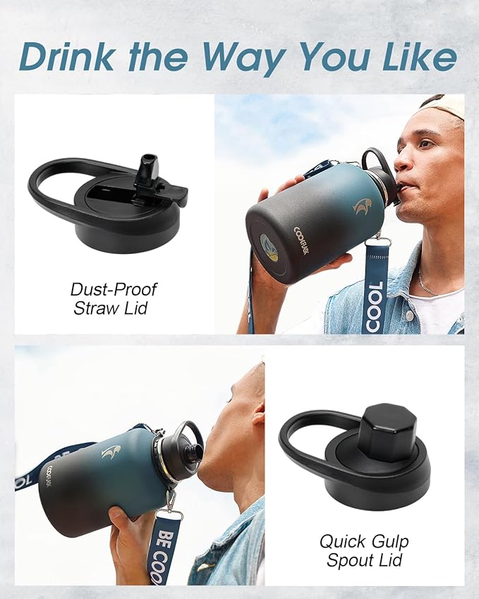 Coolflask 64 oz Water Bottle Insulated with Strap, Half Gallon Water Jug Stainless Steel with Straw & Spout Lids, Metal Large Water Flask, Keep Cold 48h Hot 24h, Leak Proof & Non-BPA, Prussian Blue-StrideForce Fitness