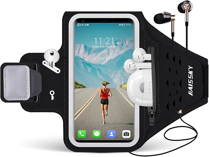 Running Armband with Earphone Bag Cell Phone Armband for iPhone 16 15 Pro 14 Plus 13 11 XR XS, Galaxy S24/S10 Water Resistant Sports Phone Holder Case & Zipper Slot Car Key Holder for 6.9 inch Phone-StrideForce Fitness