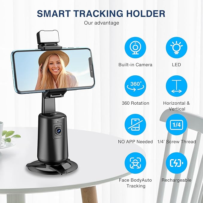 Auto Face Tracking Tripod 360° Rotating Cell Phone Photo and Video Kits Stand, No App, Camera Stand with Remote and Gesture Control, Rechargeable Smart Shooting Stand for Live Recording Tiktok（Black）-StrideForce Fitness