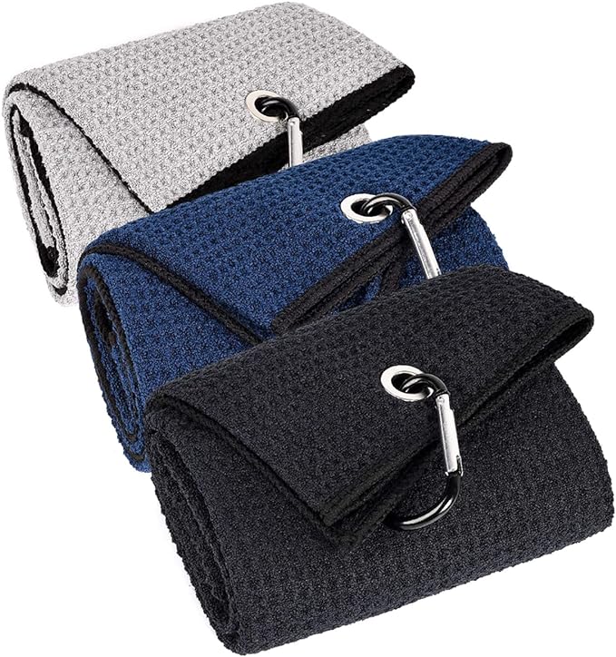 3 Pack Large Golf Towels, 16" x 24" Tri-Fold Portable Microfiber Fabric Waffle Pattern Golf Towel for Golf Bag with Carabiner Clip to Quickly Remove Sand, Mud, Dirt and Sweat-StrideForce Fitness