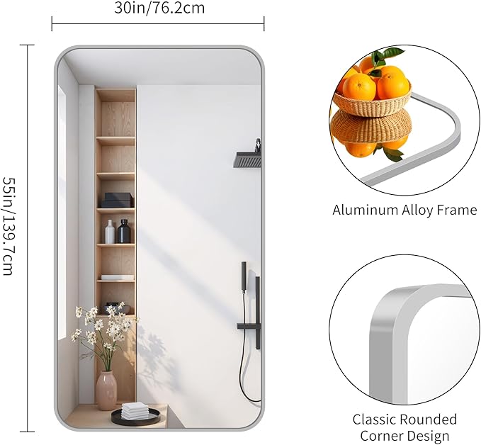 FORBATH 30x55 Inch Silver Bathroom Mirror for Over Sink, Large Rectangular Wall Mirror with Metal Frame, Rounded Corners for Bathroom, Bedroom, Entryway Decor (Horizontal or Vertical)-StrideForce Fitness