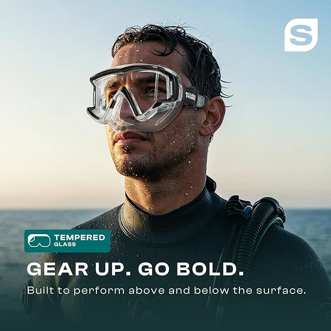 Pano 3 Scuba Diving Mask, Tempered Glass Snorkel Mask Three-Window Scuba Mask No-Leak Dive Mask Silicone Skirt Diving Mask for Snorkeling and Scuba Use-StrideForce Fitness