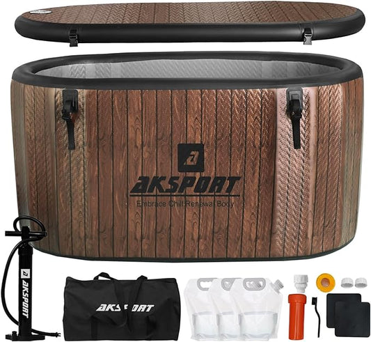 AKSPORT Ice Bath Tub for Athletes, 151 Gallons Inflatable Cold Plunge Tub Compatible with Water Chillers, Icebath for Recovery & Cold Water Therapy, Portable Bathtub for Indoor & Outdoor-Wood-StrideForce Fitness