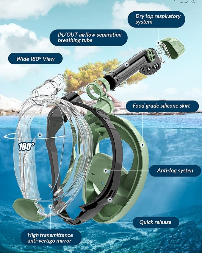 QingSong Full Face Snorkel Mask for Adults, Snorkeling Gear with Camera Mount, 180 Degree Panoramic View Snorkel Set Anti-Fog Anti-Leak-StrideForce Fitness