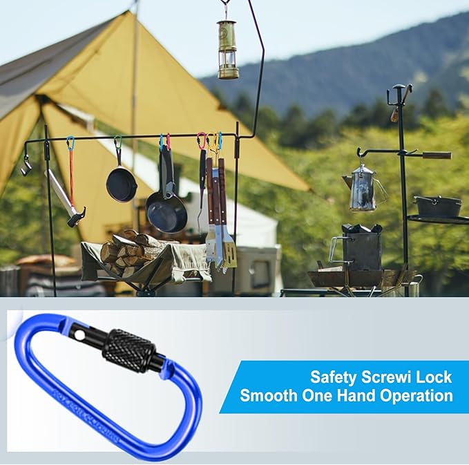 10 Pack Aluminum D Ring Key Rings Hiking Clips Locking Carabiner for Hiking Camping Fishing and Outdoor Use，Clips with Screw Gate Multicolored-StrideForce Fitness