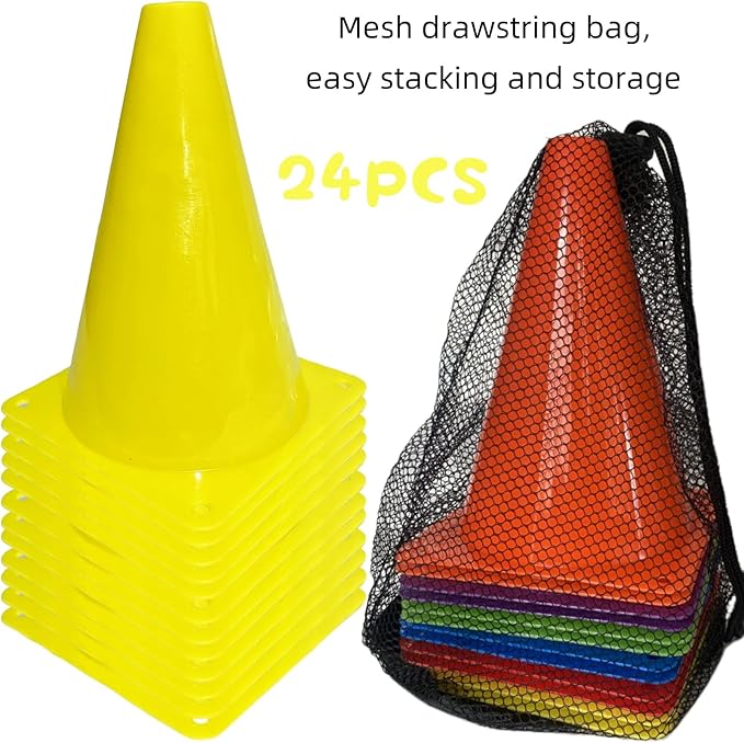24 Pcs 7 Inch Plastic Traffic Cones, Basketball Football Drills, Skating, Sport Training Agility Markers, Indoor Outdoor Games, Multicolor-StrideForce Fitness