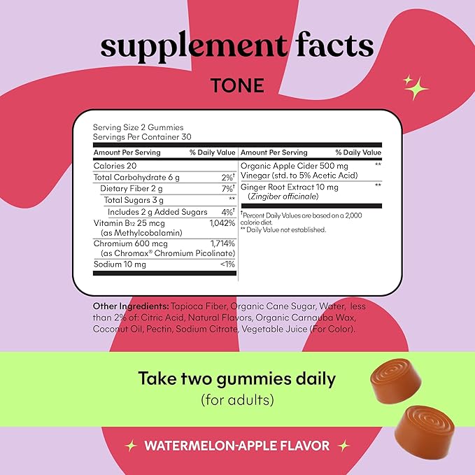 Lemme Tone Metabolism Gummies, Apple Cider Vinegar, Clinically Studied Chromium, B12, Ginger, Promote Lean Body Mass, Watermelon Apple Flavor (30 Day Supply)-StrideForce Fitness
