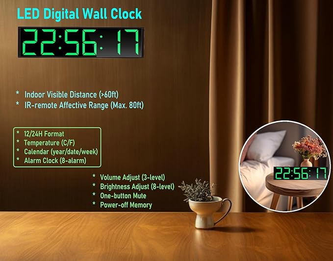 26'' Extra Large Home Gym Timer Clock, Programable Workout Interval Timer, Digital Wall Clock, with 7-Color Night Light, 8 Alarm Clocks, Calendar/Temperature, Countdown & Stopwatch (Green)-StrideForce Fitness